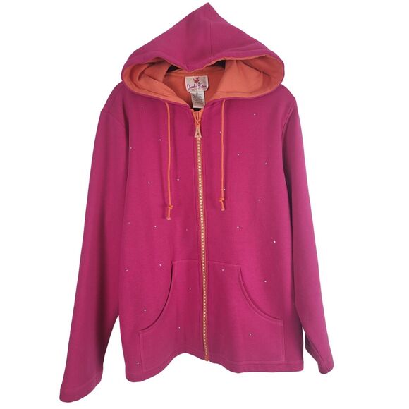 Quacker Factory Full Zip Hoodie XL Womens Long Sleeve Pink Jeweled Pocket Unique - Picture 1 of 13